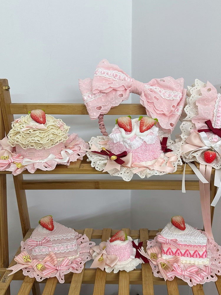 with White Strawberry-Adorned Pink Sweet Lolita Lace Mini Hat Ruffles
