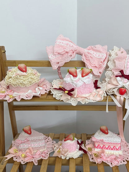 with White Strawberry-Adorned Pink Sweet Lolita Lace Mini Hat Ruffles