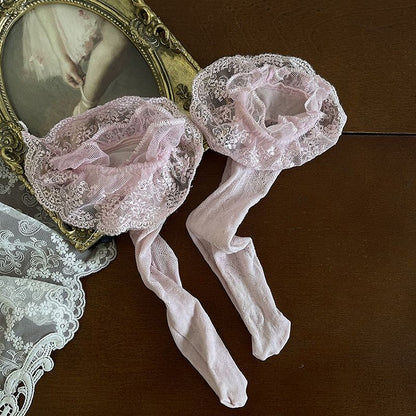 レース ホワイト/ピンクの花柄ソックス パターントリム