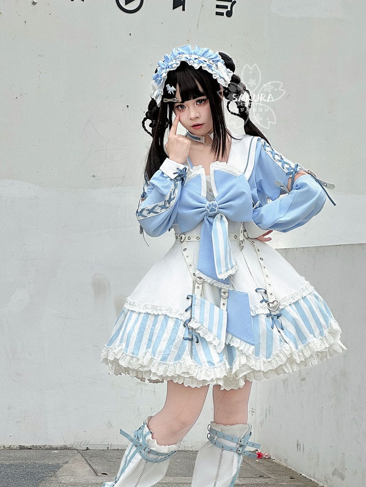 Kitty Light Bow Kaiwai Set Blaues JSK-Kleid Kurz geschnittenes Tenshi Lolita Sailor Striped Big Top Muster Ohren + - Kragen
