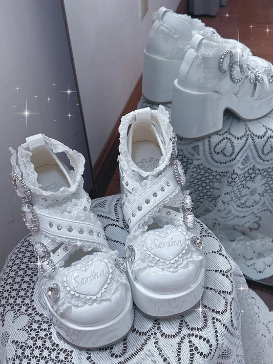 Heel White with Lace-Trimmed Jirai Cross Toe Kei Strap Round Block Platform Shoes: and Chunky