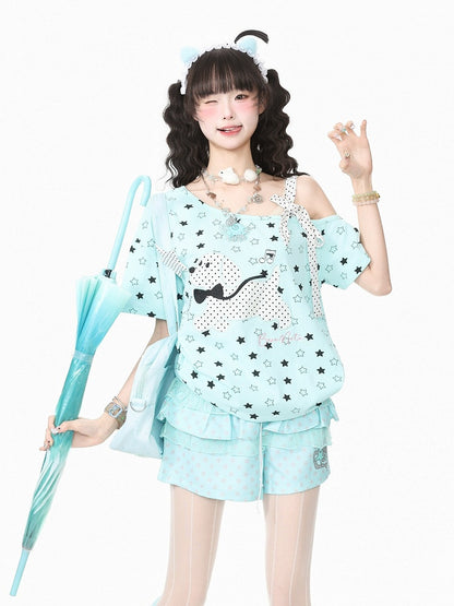 Blue Asymmetric Tee with Star Print & Puppy Patch - Languid Park