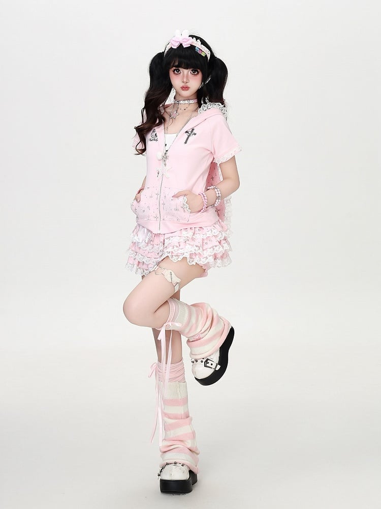 Lace-Trimmed Pink Bunny Hoodie - CRAZY GIRL