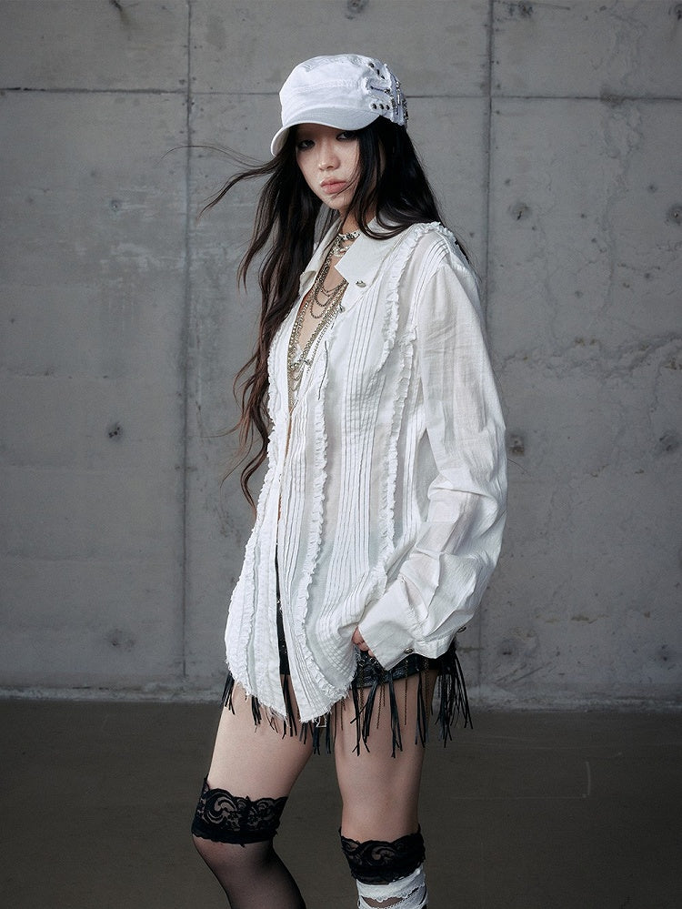 Pleats White Wasteland Blouse Punk Pintuck Distressed with V-Neck