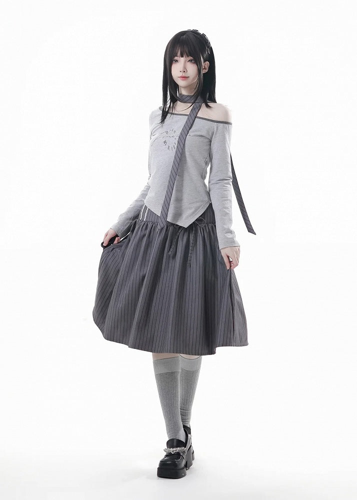 Gray Silhouette | Skirt Partial Button-Up Front Striped A-Line Preppy