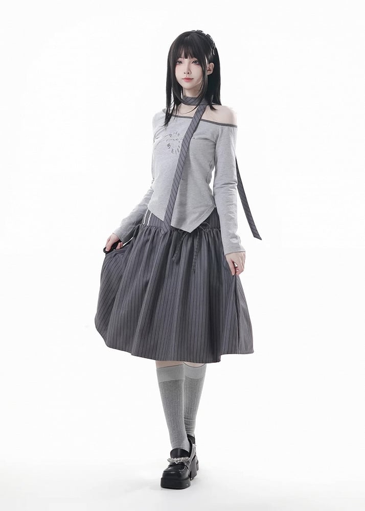 Gray Asymmetrical Neckline and Hem Long Sleeve Top