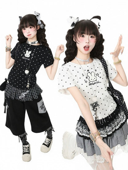 Kawaii White Polka Dot Tee with Rabbit Embroidery - Languid Park