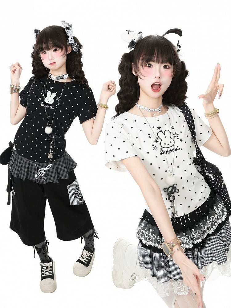 Black Polka Dot Short Sleeve Tee with Bunny Embroidery - Languid Park