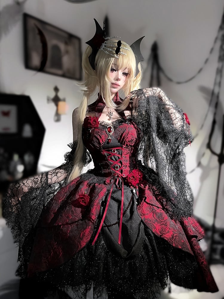 Black and Red Gothic Rosette Fabric High-low Skirt Dress Lolita JSK with Sleeves and Collar