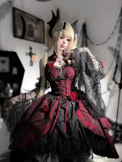 Black and Red Gothic Rosette Fabric High-low Skirt Dress Lolita JSK with Sleeves and Collar
