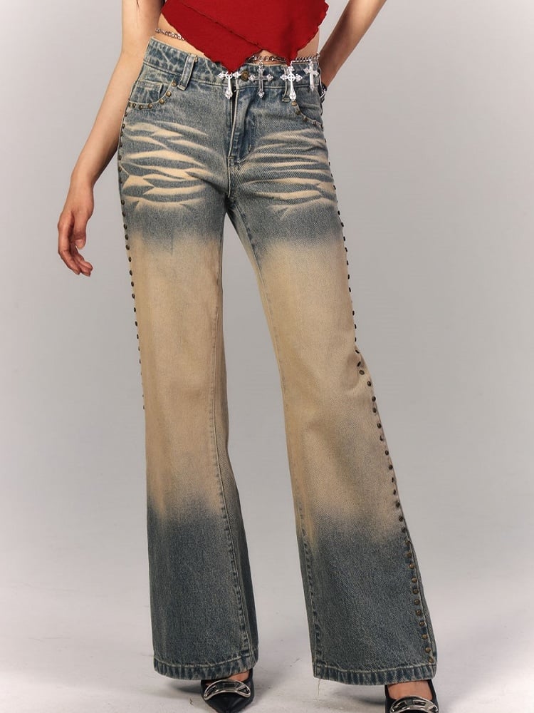 Full Distressed Vintage Pockets Low-Rise Mud Embroidered Jeans Seam with Blue Rivet Punk