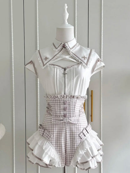 White & Pink Hollow Blouse with Plaid Skort Set - Shi Zhai Xin