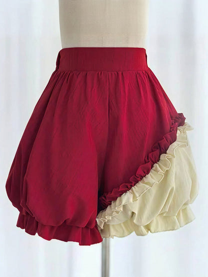 Red Ruffled Sweet Lolita Fluffy OP Dress Full Set