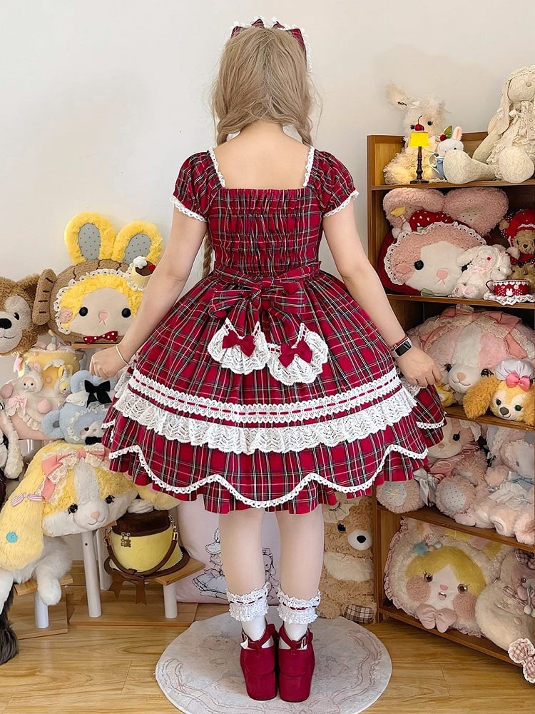 with Lolita Scalloped and Dress Puff Trim Bow Accents Sweet Plaid Edge Sleeves Red