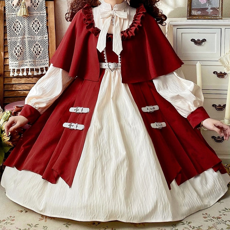 Lolita Dress Design Collar Sleeves Long and Cape Beige Red Banded