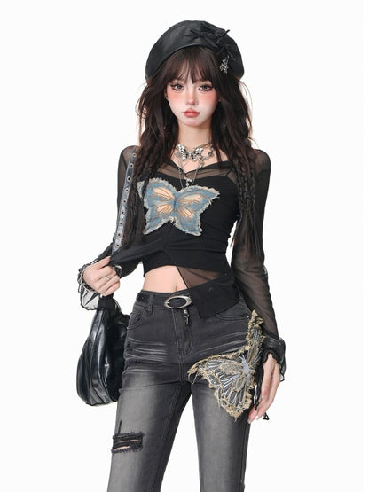 Schwarze Jeans mit Fischschwanz und Schmetterlingsapplikation im Used-Look