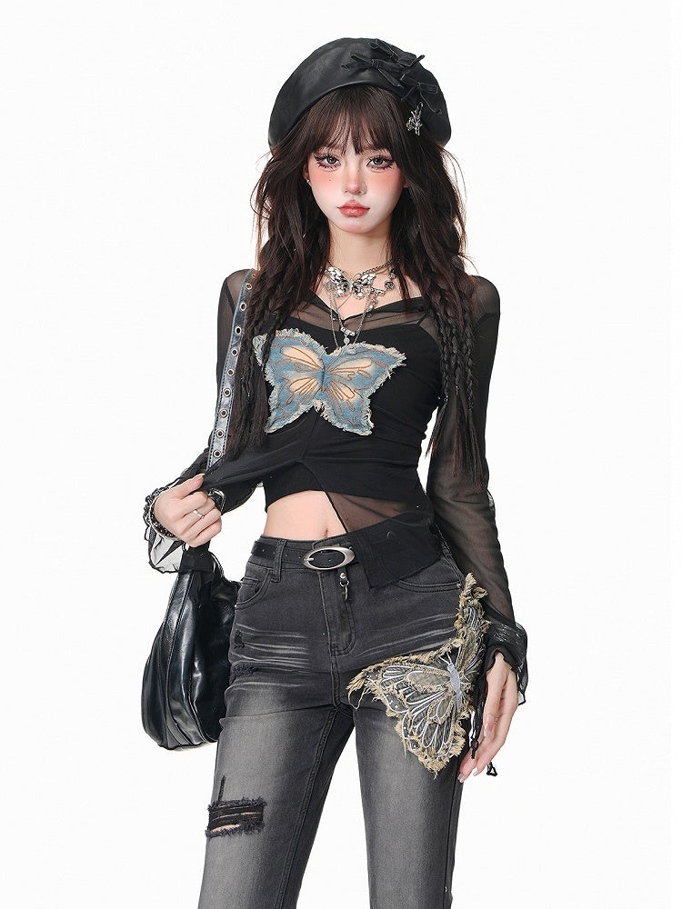 Black Butterfly Applique Distressed Fishtail Jeans - Kelly Kitty