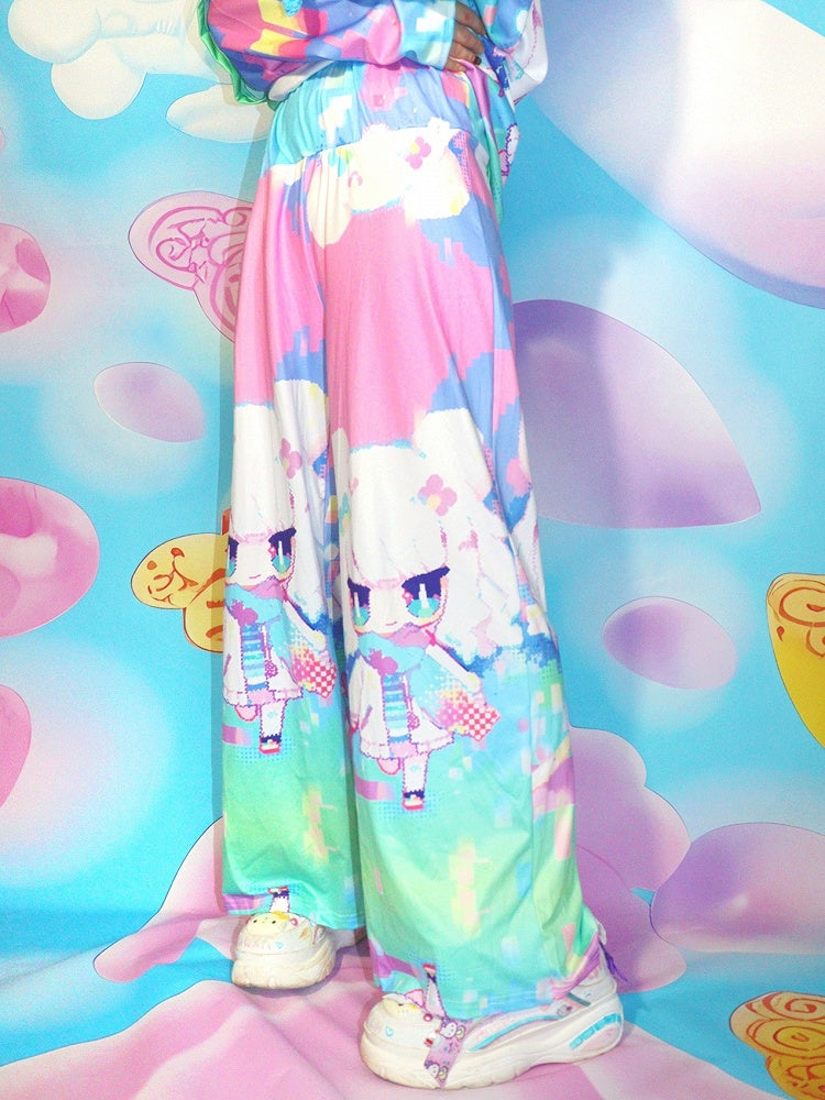 Y2K ストレートレッグ カラフルプリント カートゥーンパンツ カット