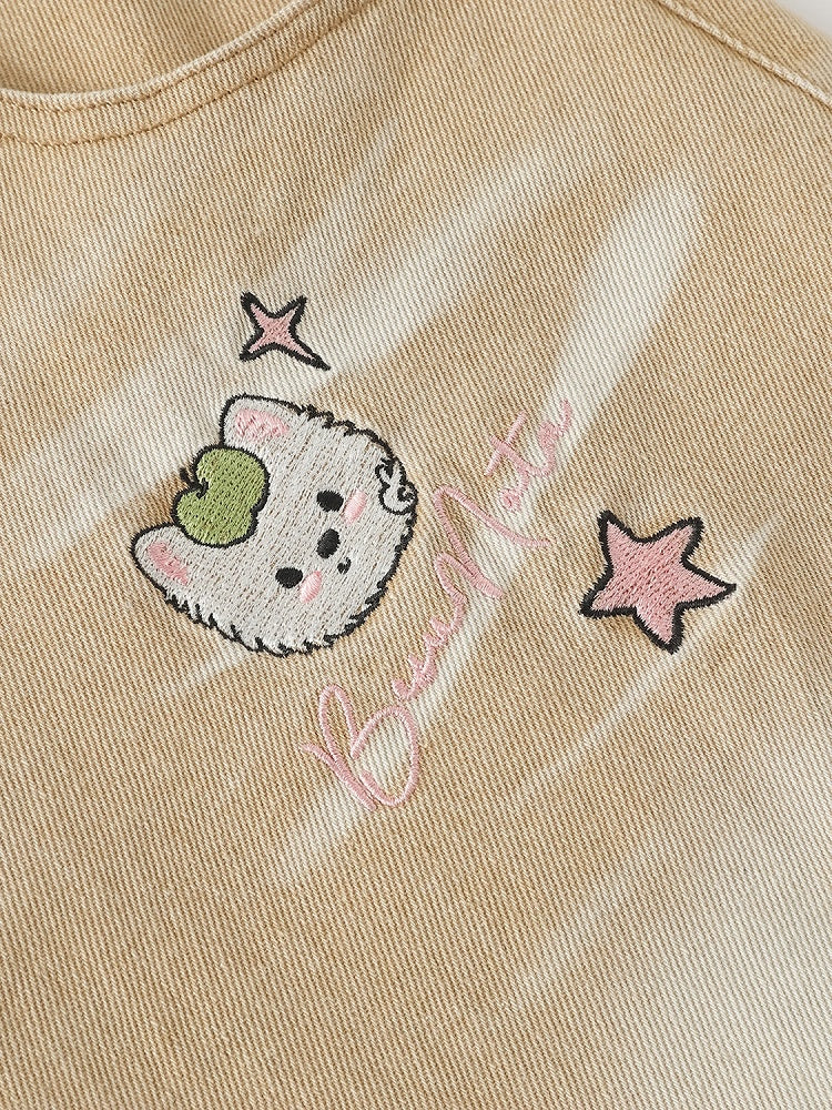 Apricot Distressed Wide-Leg Cropped Denim Pants with Puppy Embroidery & Star Patterns - Languid Park