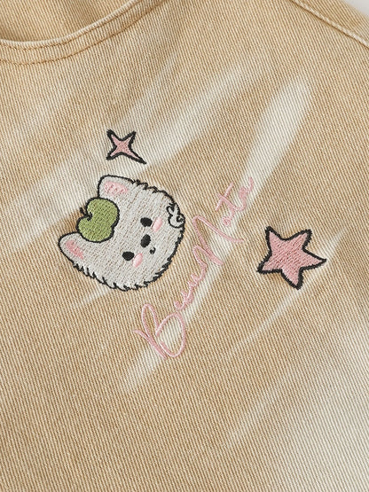 Apricot Distressed Wide-Leg Cropped Denim Pants with Puppy Embroidery & Star Patterns - Languid Park