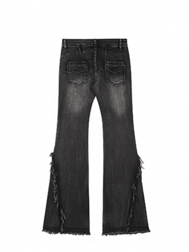 Seams Side with Wash Raw Hem Low-Waisted Black Flare Jeans Vintage