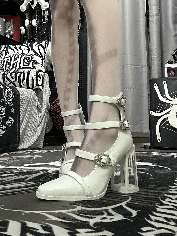 Matte White Gothic Crocodile Buckle Straps Blood Drip High Block Heels