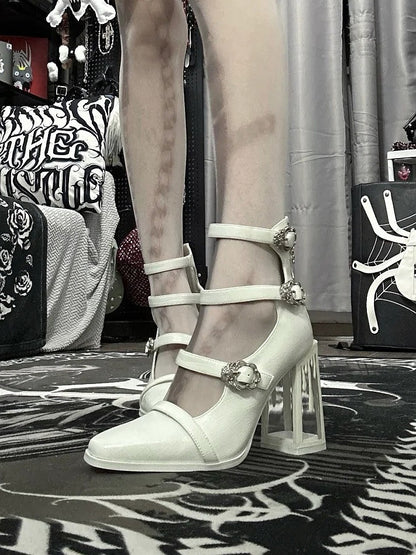Matte White Gothic Crocodile Buckle Straps Blood Drip High Block Heels