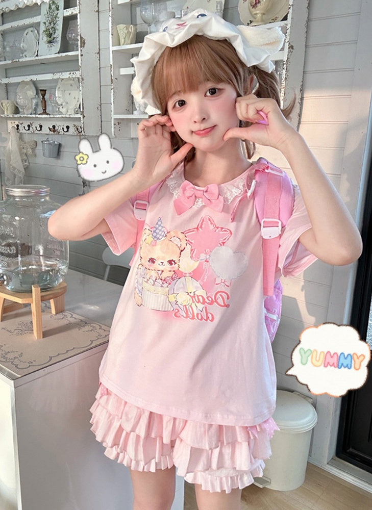 ピンクの伸縮性ウエスト、蝶結び、サイドアクセント、ティアードフリル、ブルマー