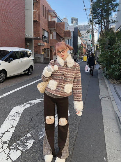 Brown Pants Knee with Flare Accents Patchwork Plaid Vintage-Inspired Fuzzy