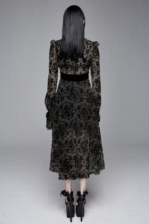 Black Floral Flocked Print Long Sleeves Velvet Tie Women's Gothic Dress