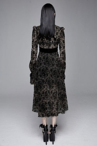 Black Floral Flocked Print Long Sleeves Velvet Tie Women's Gothic Dress