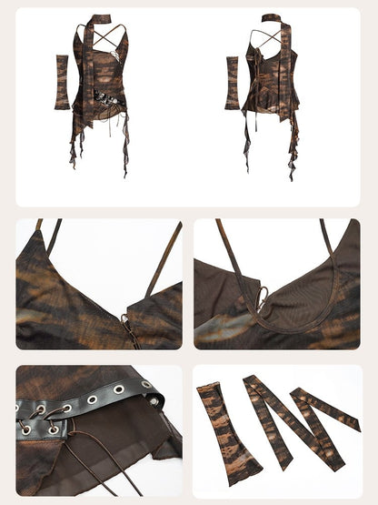 Crop Coffee Hem with Tank Fringe Matching Sleeve Tie-Dye