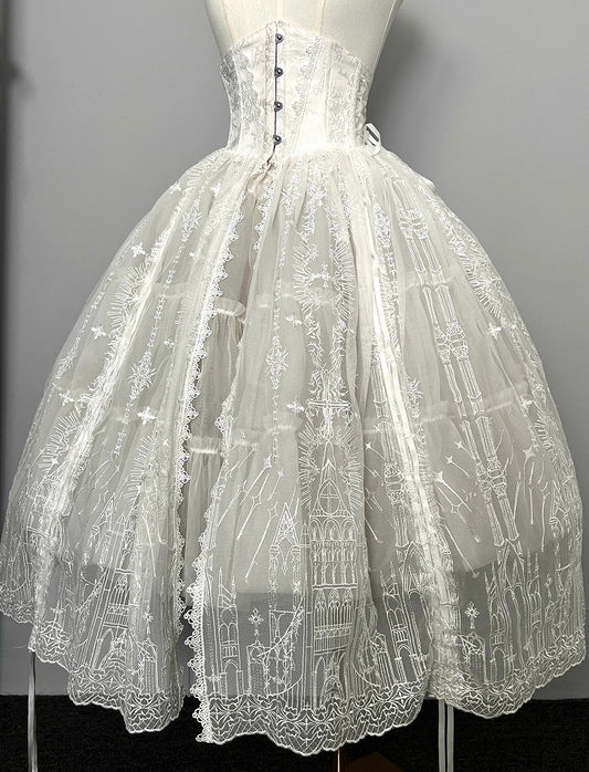 Weißer Gothic Lolita Korsettgürtel mit Tunnelzug-Design und Kathedralen-Stickerei-Overlay