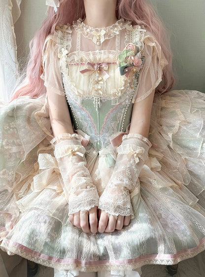 + Princess Green Pink Floral Print and Boned Balletcore Corset Top Skirt Lolita