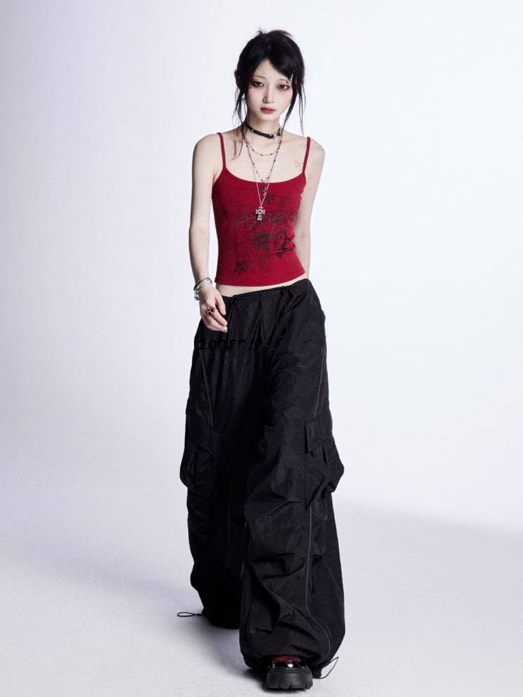 Weite Cargohose mit Kordelzug an den Bündchen Vintage Schwarz Niedrig