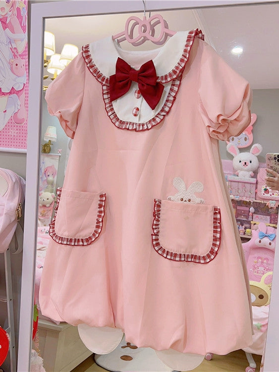 ライトピンクのウサギ耳ピーターパンカラーバブルスカートドレス