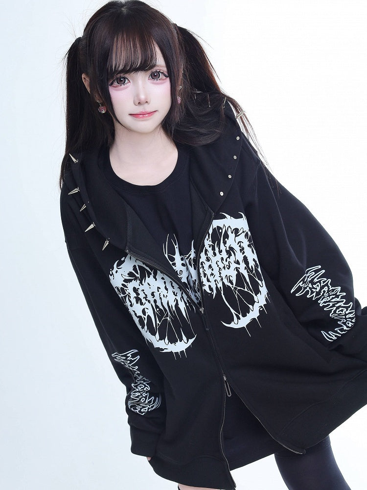 Hoodie Kei Rivet-Decorated Zip Black Jirai White Printed