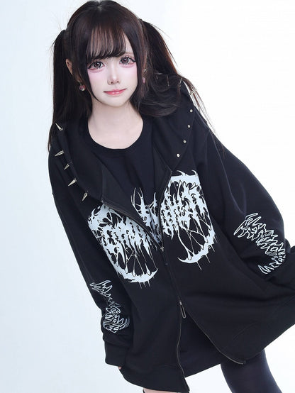 Hoodie Kei Rivet-Decorated Zip Black Jirai White Printed