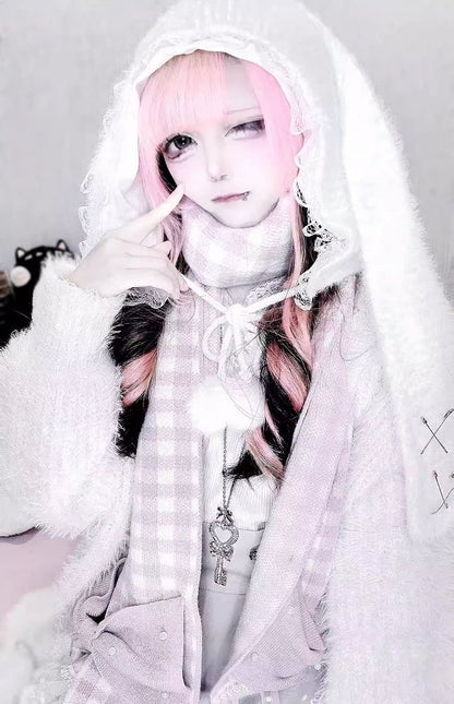 Bunny Ears Plush Hat with Self-tie Pompon Straps and Pin Details White