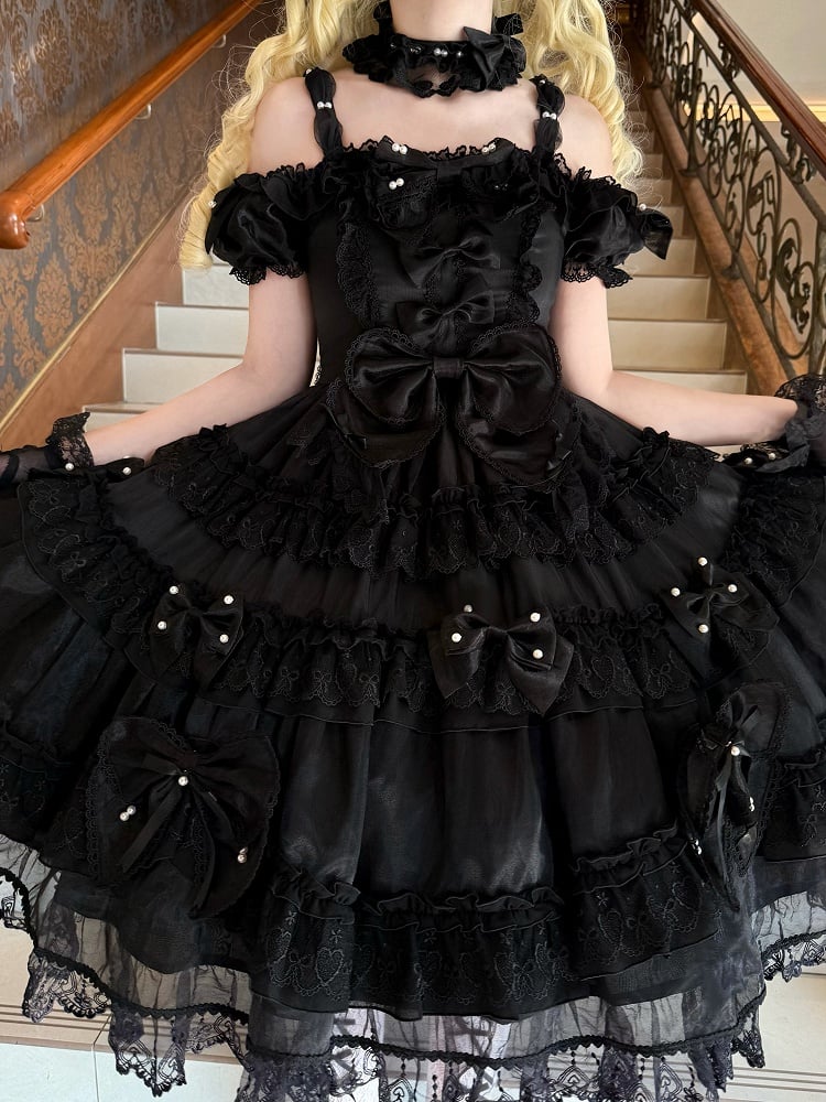 Alle Details mit Schleife Lolita Rückenkleid Perlen groß und Akzente Prinzessin Schwarz