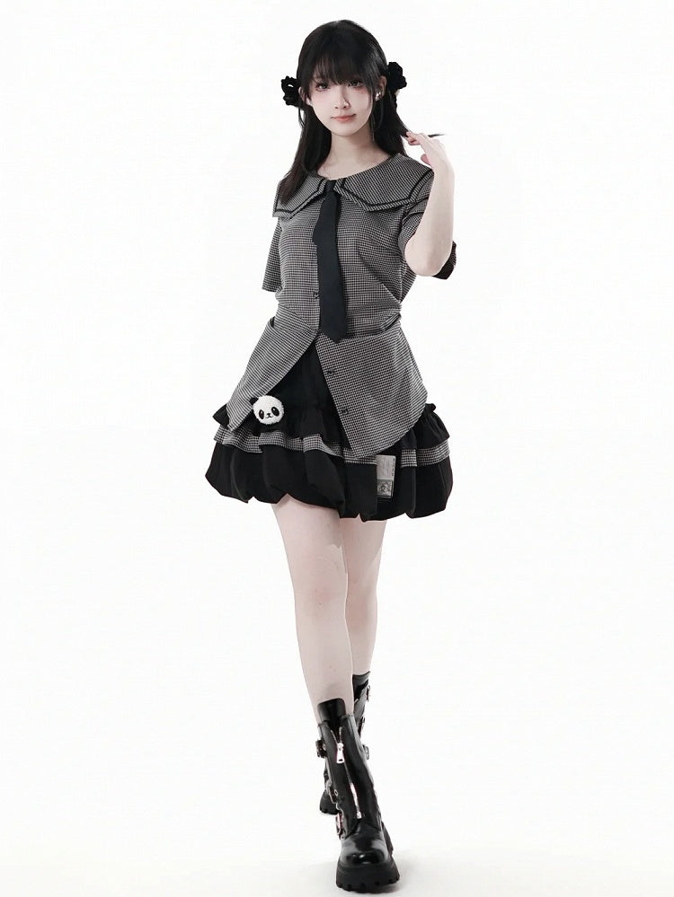 Bow Back Black Square Collar Self-tie Plaid Blouse with Necktie