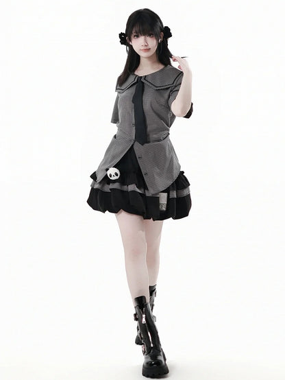 Bow Back Black Square Collar Self-tie Plaid Blouse with Necktie