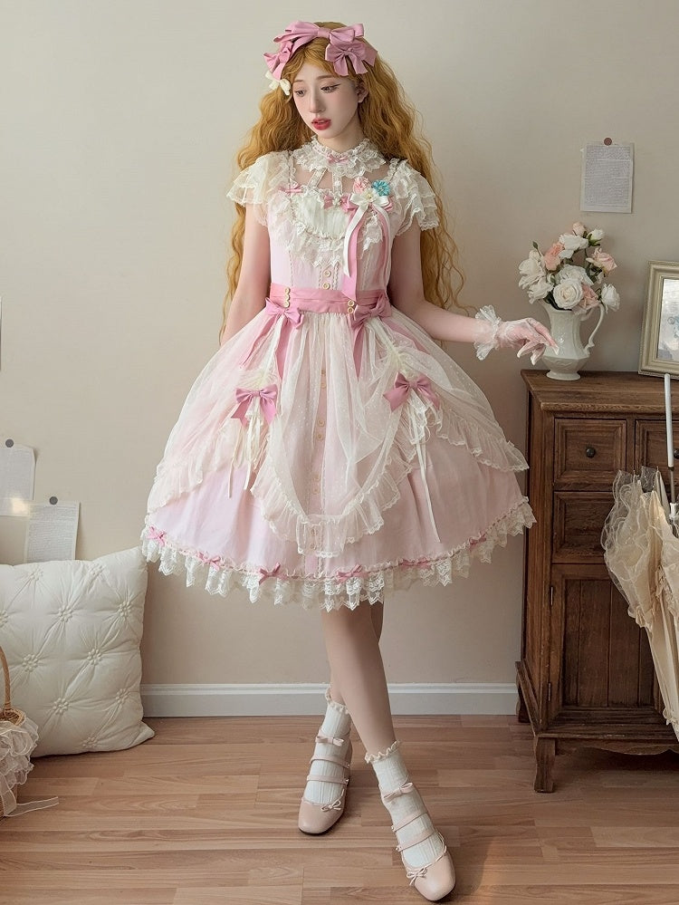 Elegant Bow and Details Version Classic with Lace Dress Short Pink Lolita