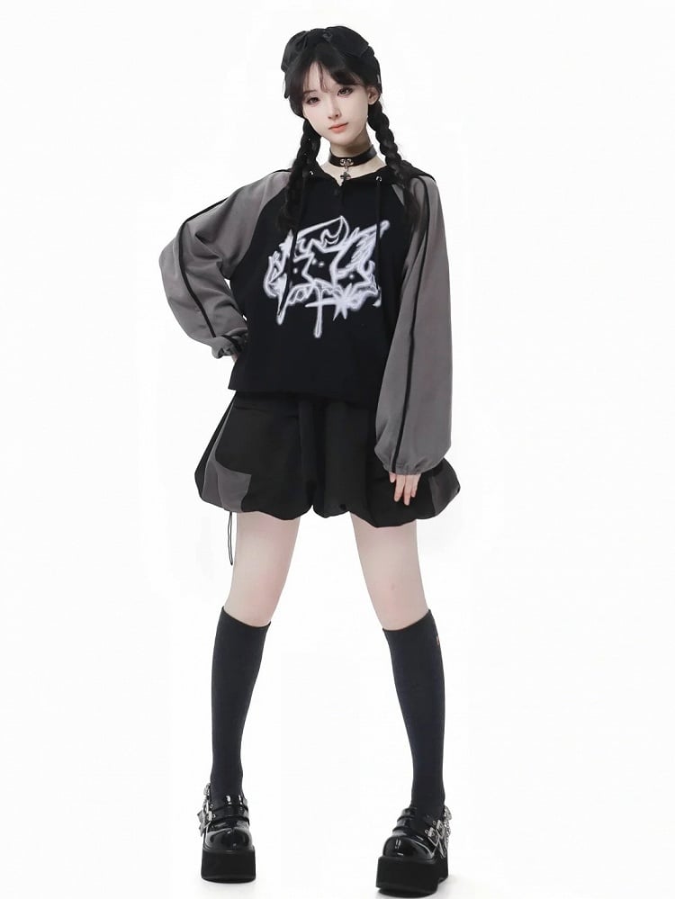 Hem Bubble Skirt Version Short/Long Waist Drawstring and Black and Gray Colorblock