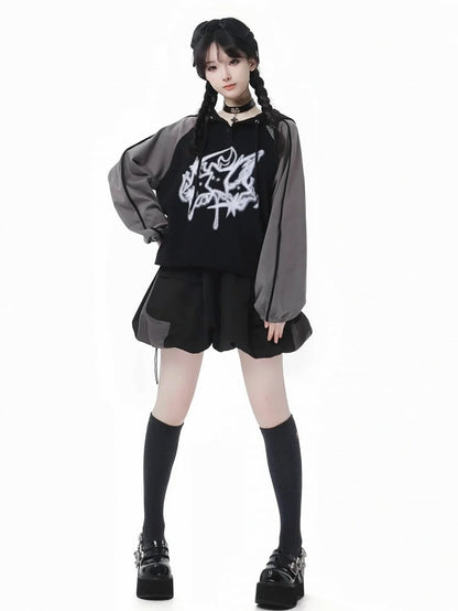 Hem Bubble Skirt Version Short/Long Waist Drawstring and Black and Gray Colorblock