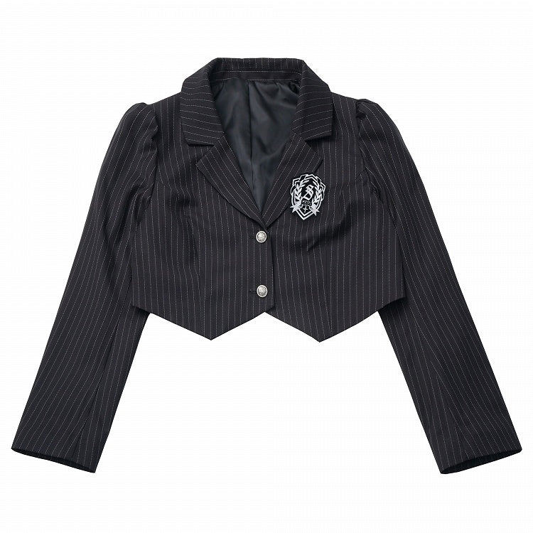Cropped Striped Blazer with Badge Accents Preppy Silver Subtle Black