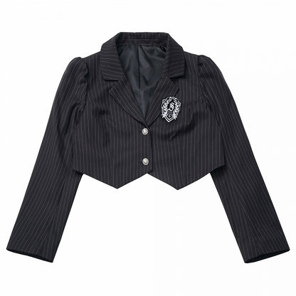 Cropped Striped Blazer with Badge Accents Preppy Silver Subtle Black