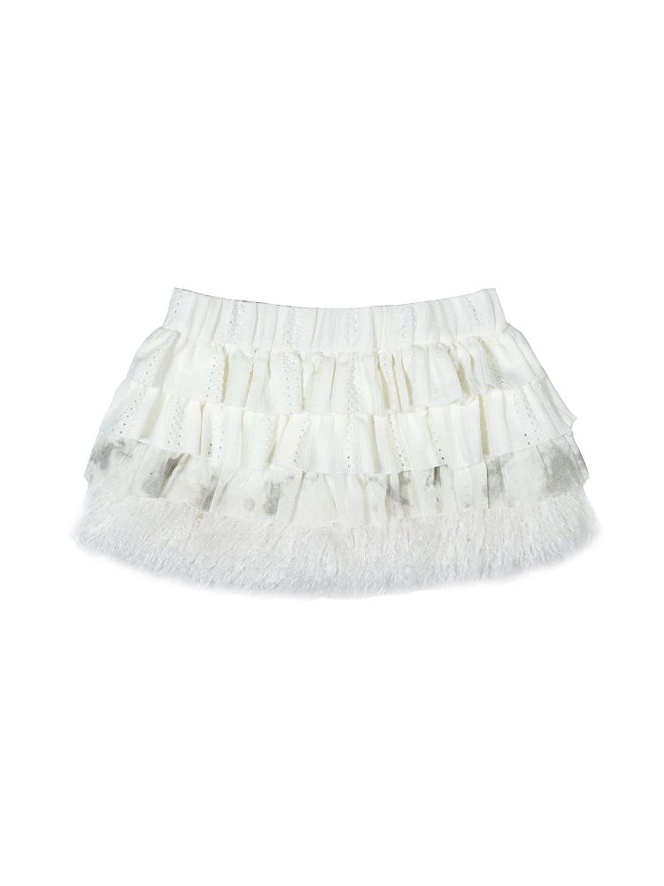 Punk with Fur White A-Line Trim Elastic Waist Tiered Skirt Faux