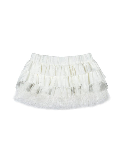 Punk with Fur White A-Line Trim Elastic Waist Tiered Skirt Faux