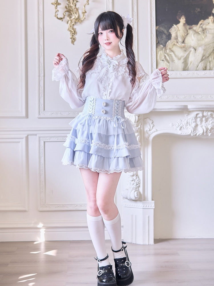 Rhinestone Embellishments Blue Jirai Kei Light Tiered Skirt with Lace-up High Waist